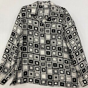 New Josephine Chaus size XL Black White Geometric Artsy Pure Silk Button Down